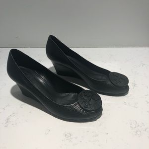 Tory Burch Black Leather Peep Toe Wedge